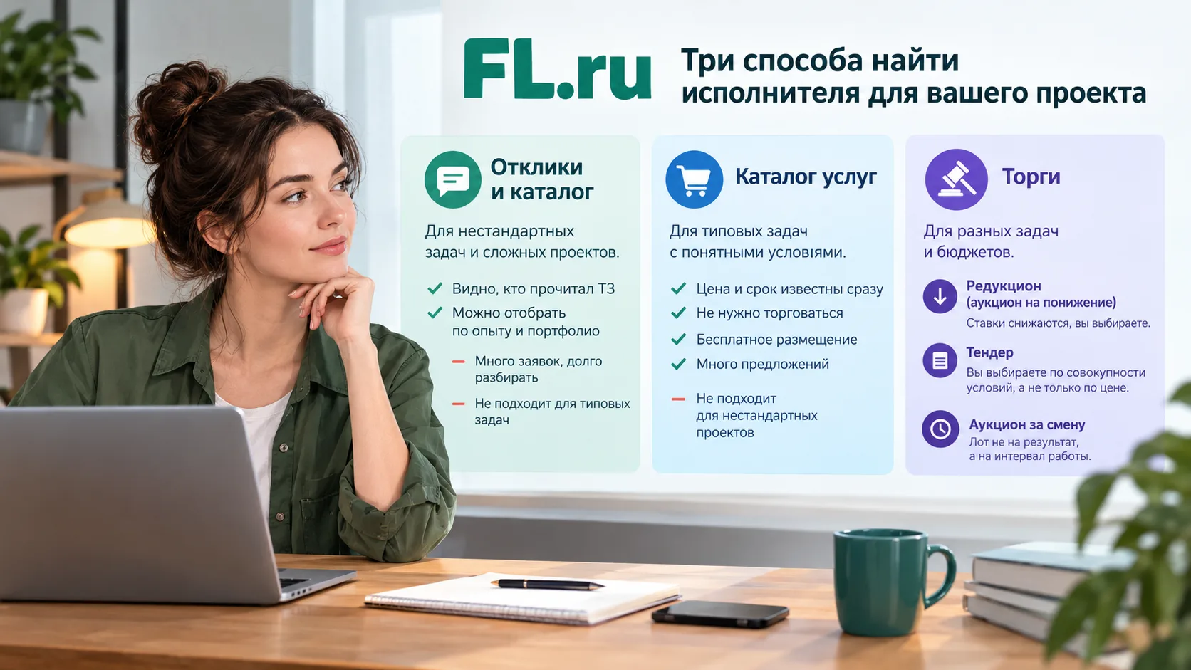 Как выбирают исполнителя: отклики, каталог услуг и торги на понижение